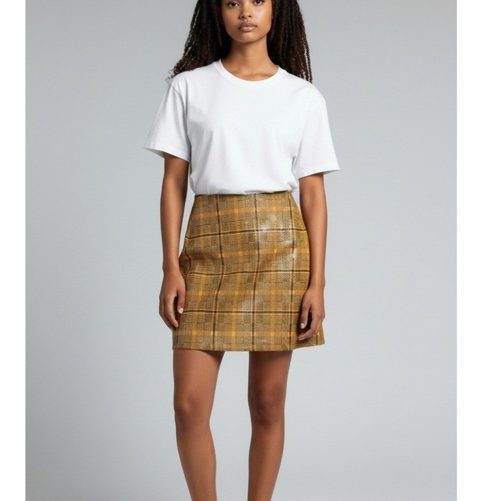 Esqualo Yellow Plaid Coated Mini Skirt Size 8 Glossy Houndstooth Check A-Line